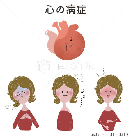 五臓の心の機能が低下した時に現れる症状を、若い女性で表現したイラスト 131313319