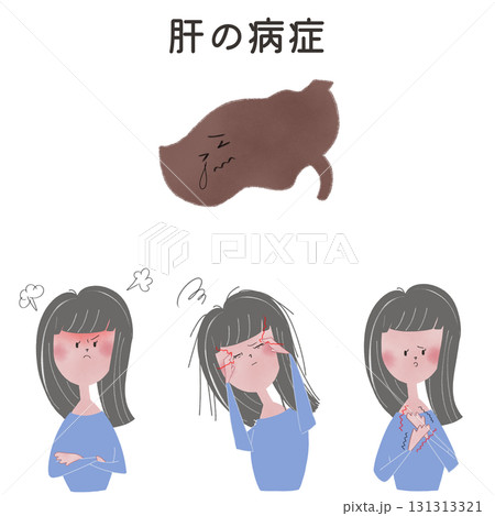 五臓の肝の機能が低下した時に現れる症状を、若い女性で表現したイラスト 131313321