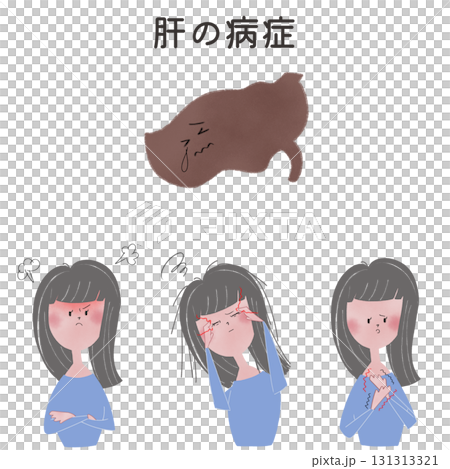 五臓の肝の機能が低下した時に現れる症状を、若い女性で表現したイラスト 131313321