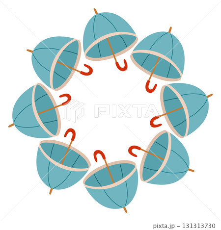 Autumn umbrella circle frame. Round border made of umbrellas. The umbrellas are arranged in a circle. Vector flat isolated on white background. 131313730