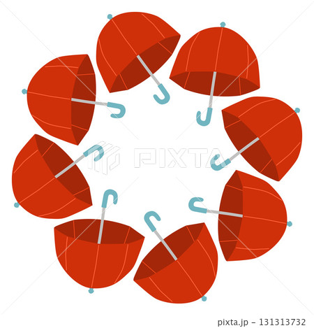 Autumn umbrella circle frame. Round border made of umbrellas. The umbrellas are arranged in a circle. Vector flat isolated on white background. 131313732