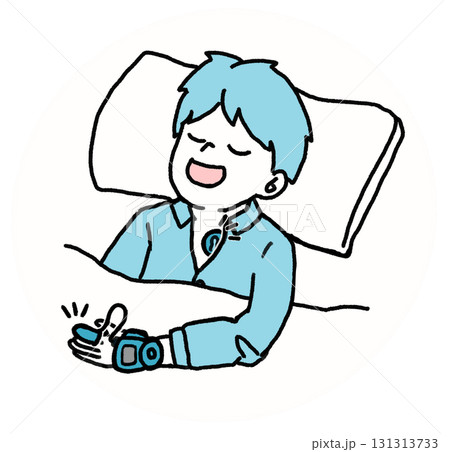 SAS（睡眠時無呼吸症候群）装置をつけている男性のイラスト（青） 131313733
