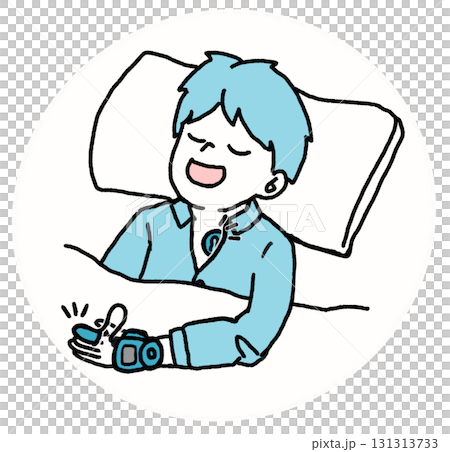 SAS（睡眠時無呼吸症候群）装置をつけている男性のイラスト（青） 131313733