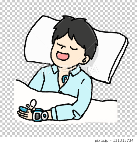 一名男子佩戴睡眠呼吸中止症 (SAS) 裝置的插圖（彩色） 131313734