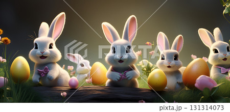 rabbits and eggs in the garden rabbits and eggs in the garden 131314073