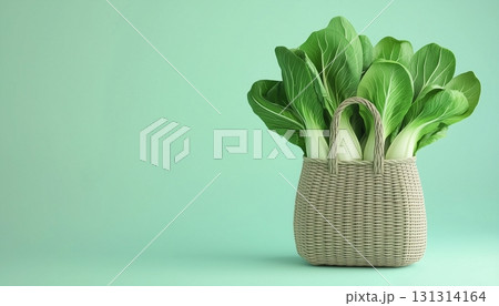 Pak Choy green vegetable on eco bag natural dried plant copy space background 131314164