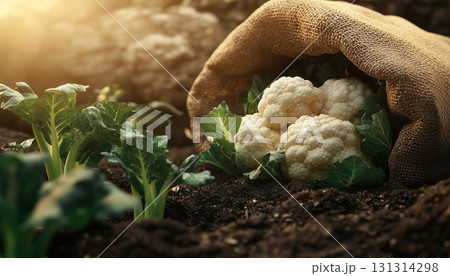 Cauliflower vegetable on sack bag healthy organic agriculture product 131314298