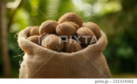 Coconut fruit on eco sack bag tropical agriculture harvesting product Coconut fruit on eco sack bag tropical agriculture harvesting product 131314302