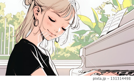 ピアノを弾いている若い女性