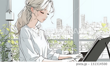 ピアノを弾いている若い女性