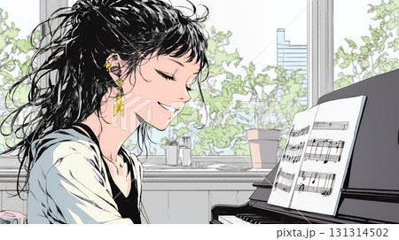 ピアノを弾いている若い女性