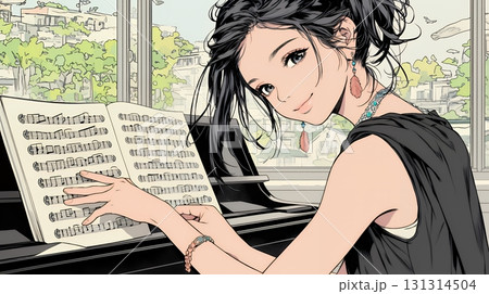 ピアノを弾いている若い女性