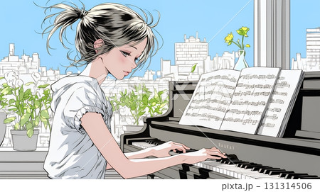 ピアノを弾いている若い女性