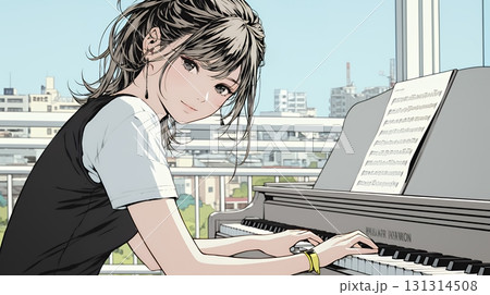 ピアノを弾いている若い女性