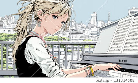 ピアノを弾いている若い女性