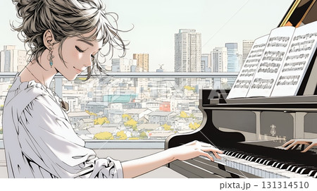 ピアノを弾いている若い女性