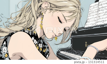 ピアノを弾いている若い女性