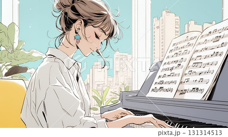 ピアノを弾いている若い女性