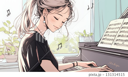 ピアノを弾いている若い女性