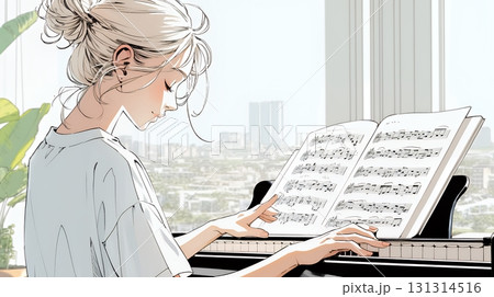 ピアノを弾いている若い女性