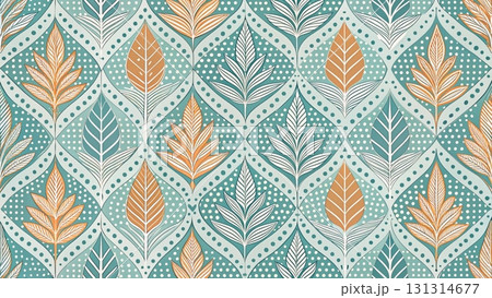 Seamless pattern of abstract leaves, half created with fine straight line art background  131314677