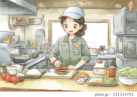 美優シリーズ:ファストフード店の厨房で調理する女性スタッフ 美優シリーズ:ファストフード店の厨房で調理する女性スタッフ 131314753