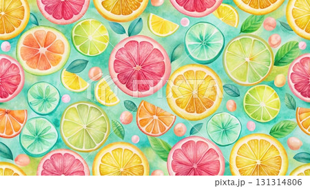 Seamless pattern of bright yellow lemon slices, hand-painted watercolor style background  131314806
