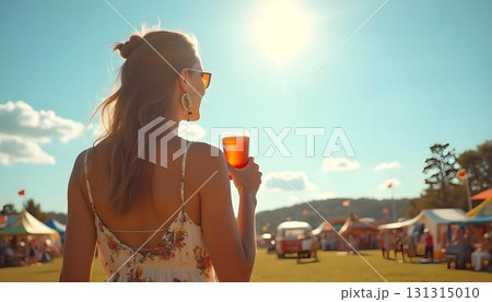 A woman wearing a hat holds a glass of beer, basking in the sunshine at a vibrant summer music festival 131315010