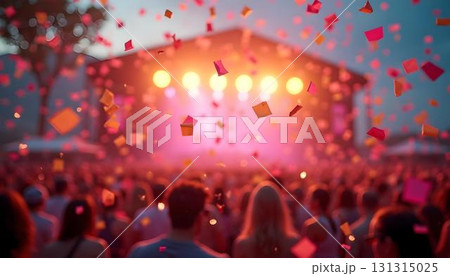 A bustling crowd at an outdoor music festival, with confetti showering down, enhancing the celebratory mood 131315025