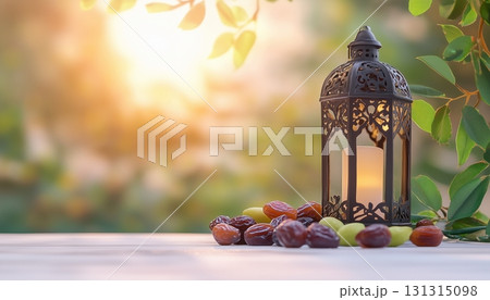 Dates fruit and lantern for special greeting religion time copy space background 131315098