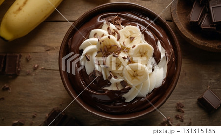 Chocolate cream banana topping cold dessert on cup for relax time 131315185