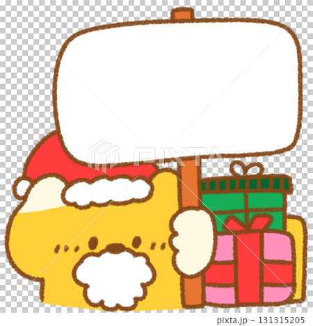 Illustration of a cat dressed as Santa holding a panel and a present 131315205