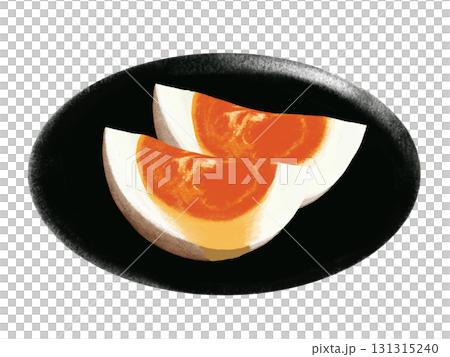 2 wedges of soft-boiled eggs on a black plate 2 wedges of soft-boiled eggs on a black plate 131315240