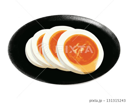 ゆで卵の輪切り4枚（半熟）黒皿 131315243