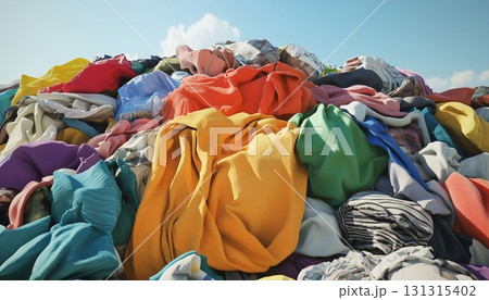 Pile clothing rubbish in style outfit nature pollution from fashion industry with blue sky Pile clothing rubbish in style outfit nature pollution from fashion industry with blue sky 131315402