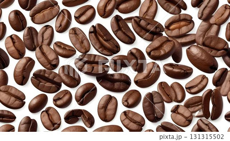 A detailed view of roasted coffee beans, forming a seamless pattern ideal for a summer-themed background A detailed view of roasted coffee beans, forming a seamless pattern ideal for a summer-themed background 131315502
