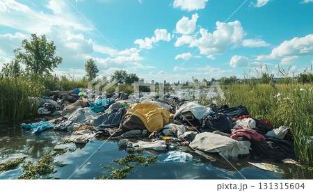 Pile of clothing trash in river with blue sky nature pollution 131315604