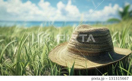 Farmer hat from seagrass from head protection from sun in garden 131315667