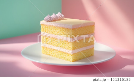 Sponge cake layered cake with vanilla whipped cream on white plate 131316183