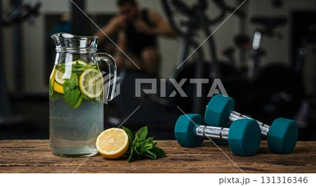 Refreshing pitcher of lemon and mint water next to dumbbells, promoting hydration and self-care in a gym setting 131316346