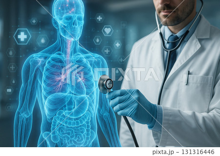 AI generated futuristic healthcare concept showing doctor using stethoscope with holographic human body combining traditional medicine with digital innovation AI generated futuristic healthcare concept showing doctor using stethoscope with holographic human body combining traditional medicine with digital innovation 131316446