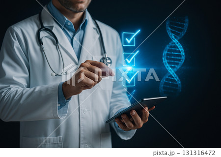 AI generated futuristic concept showing doctor using digital hologram checklist and dna visualization symbolizing precision healthcare and modern medical technology 131316472