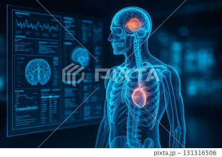 AI generated futuristic medical hologram of human anatomy showing skeleton organs and nervous system with digital data interface for advanced healthcare and research 131316506