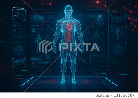 AI generated digital art showing a glowing holographic human body with internal organs and medical data interface in a sci fi futuristic style AI generated digital art showing a glowing holographic human body with internal organs and medical data interface in a sci fi futuristic style 131316507