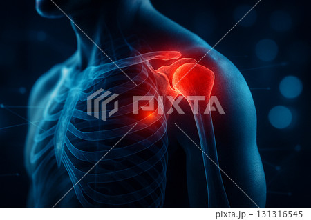 AI generated digital medical illustration of human shoulder joint glowing in red orange with holographic anatomy details futuristic sci fi style showing pain and advanced healthcare innovation AI generated digital medical illustration of human shoulder joint glowing in red orange with holographic anatomy details futuristic sci fi style showing pain and advanced healthcare innovation 131316545
