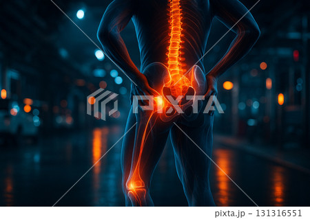 AI generated holographic medical illustration of lower back spine and hip joint highlighting sciatic nerve pain with glowing anatomy blending science and futuristic healthcare concept 131316551