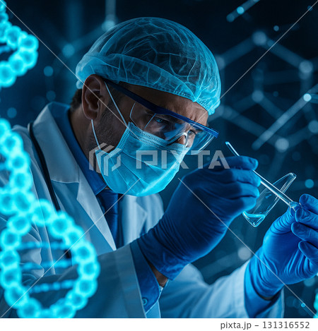 AI generated digital artwork of a scientist in protective gear using pipette with glowing DNA holograms symbolizing genetic research biotechnology and precision medicine in a futuristic lab 131316552