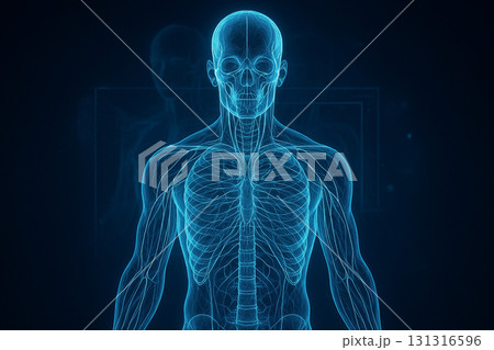 AI generated ultra realistic hologram of human upper body showing skull spine ribcage and nerves with glowing neon blue futuristic medical science and abstract digital particle background 131316596