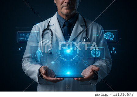 AI generated futuristic visualization of a doctor holding glowing holographic energy sphere with medical interface showing anatomy heart brain and science data in a digital lab AI generated futuristic visualization of a doctor holding glowing holographic energy sphere with medical interface showing anatomy heart brain and science data in a digital lab 131316678