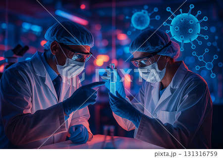 AI generated two scientists in protective suits examining glowing blue liquid in modern laboratory with virus and molecular graphics showing teamwork precision and biotechnology innovation 131316759